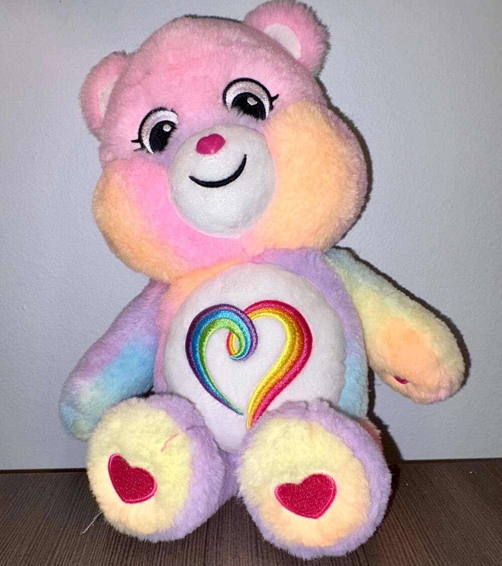 Togetherness Care Bear 14" – “Love All” Motto – Rainbow Tie-Dye Cuddly Classic!